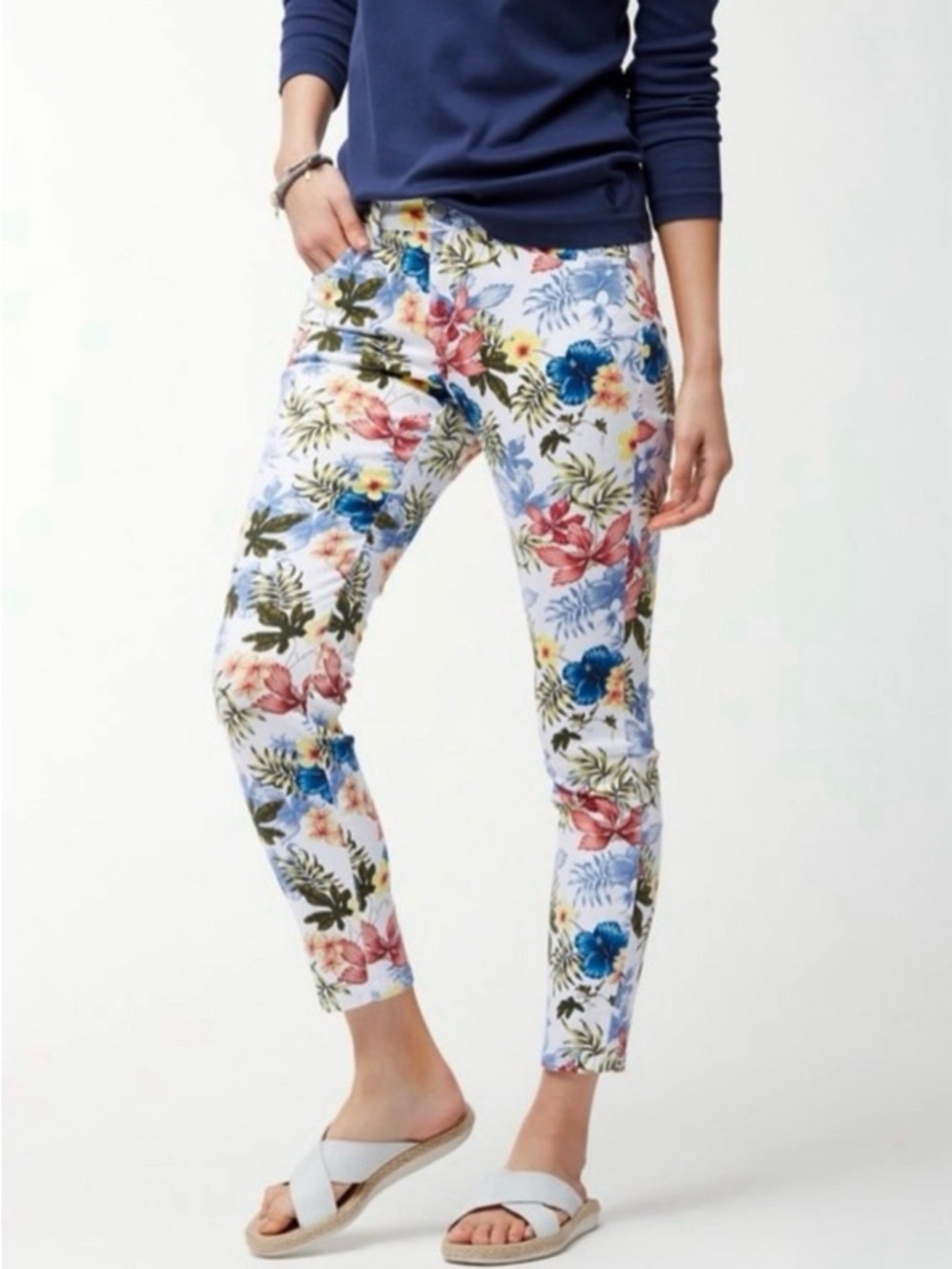 Tommy Bahama 10 Floral Print Slim Ankle Women’s Jeans - White Multicolor Flaw